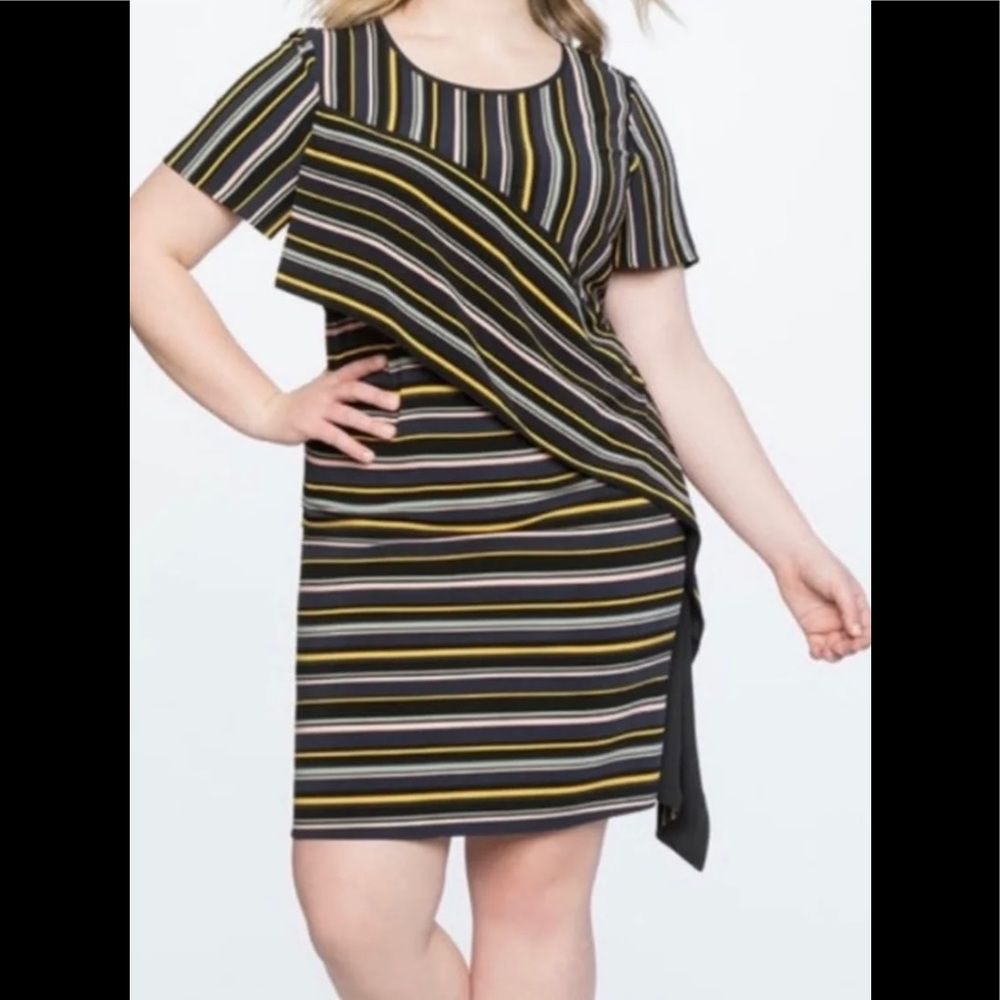 Plus Striped Short Sleeve Shift Dress in Black and Yellow